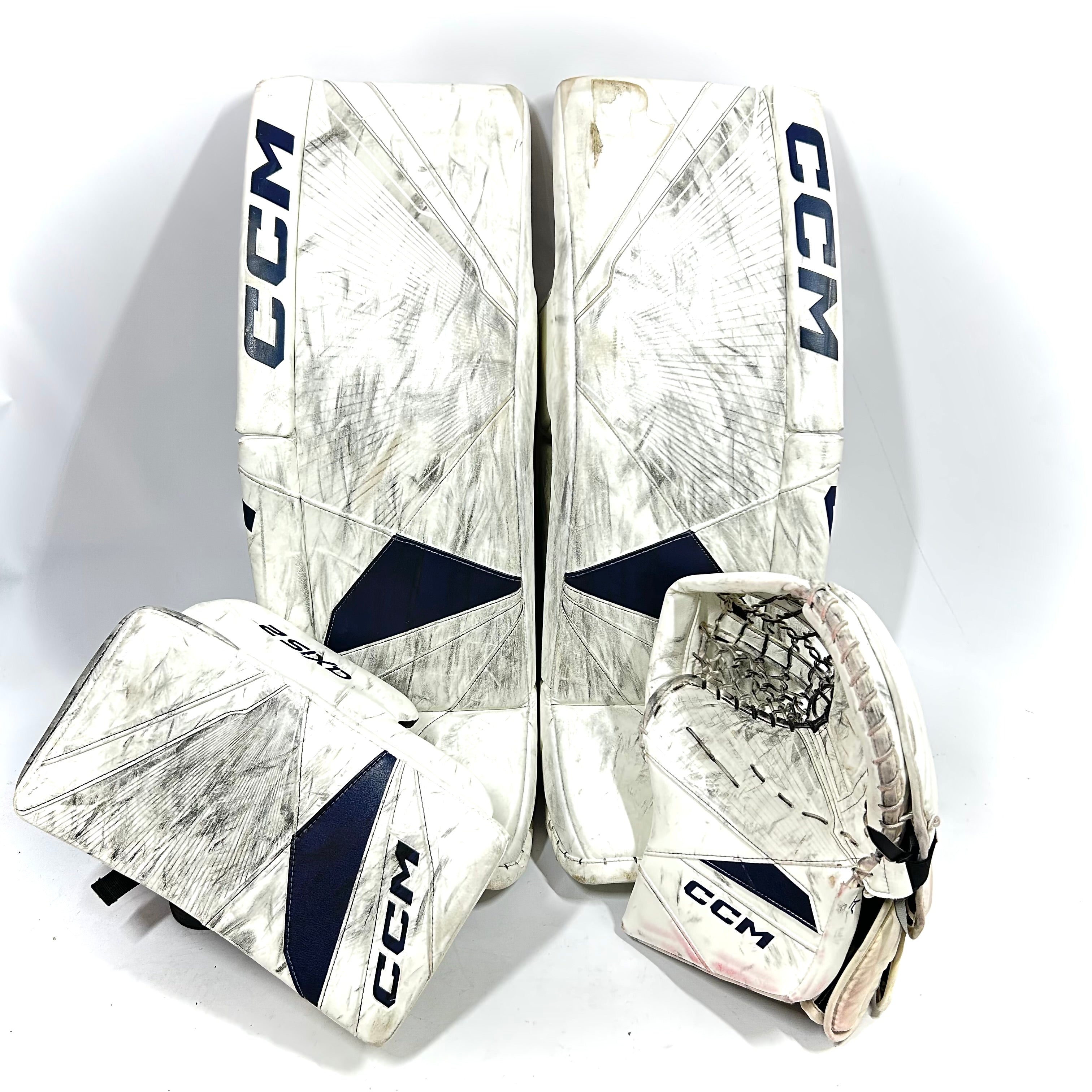 CCM Axis 2 - Ensemble complet de gardien de but senior AHL Pro Stock d'occasion (blanc/bleu marine)